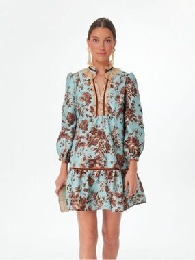 Tuckernuck Floral Tiered Long-Sleeve Mini Dress in Robin’s Egg Blue and Brown